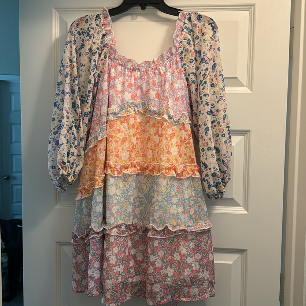Boutique Mixed Pattern Ruffle Tiered Dress